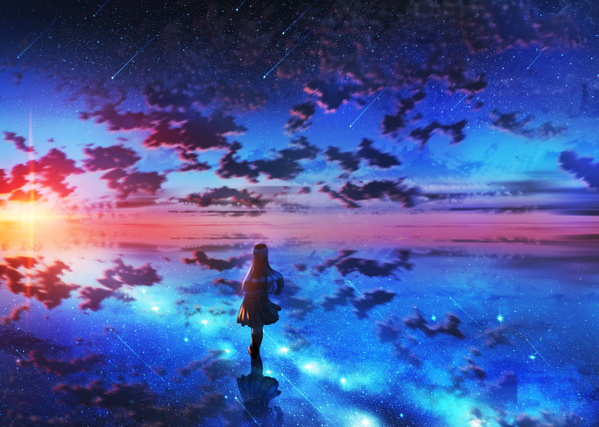 1girl black_hair black_legwear black_skirt clouds constellation evening from_behind highres horizon kenzo_093 meteor_shower milky_way original pleated_skirt reflection scenery school_uniform skirt sky solo star_(sky) starry_sky sun sunset