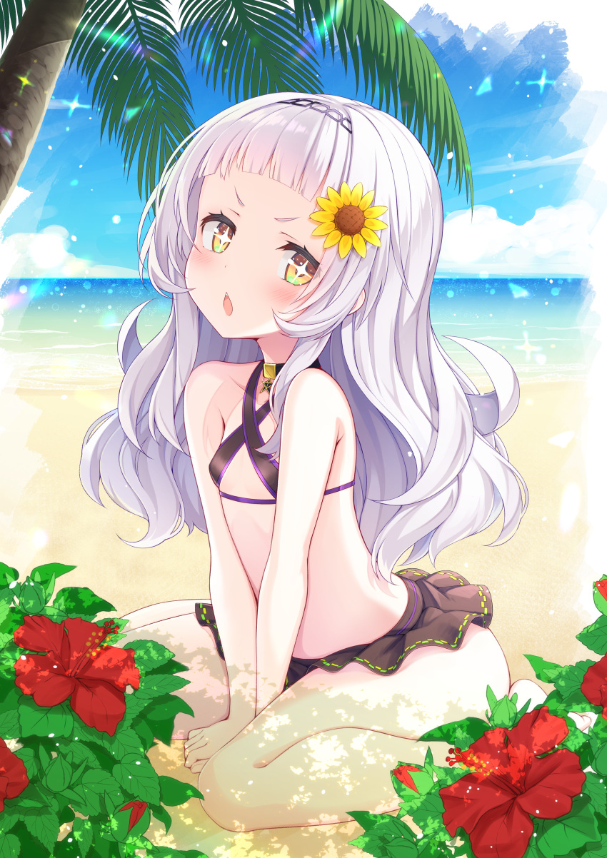 +_+ 1girl absurdres bare_arms bare_legs bare_shoulders beach between_legs bikini bikini_skirt black_bikini black_choker black_hairband blush brown_eyes chestnut_mouth choker collarbone commentary_request day flower hair_flower hair_ornament hairband hand_between_legs highres hololive horizon long_hair looking_at_viewer murasaki_shion ocean outdoors palm_tree parted_lips red_flower sand sasakura_momiji silver_hair sitting solo star_(symbol) star_choker sunflower_hair_ornament swimsuit tree v-shaped_eyebrows very_long_hair virtual_youtuber wariza water yellow_flower