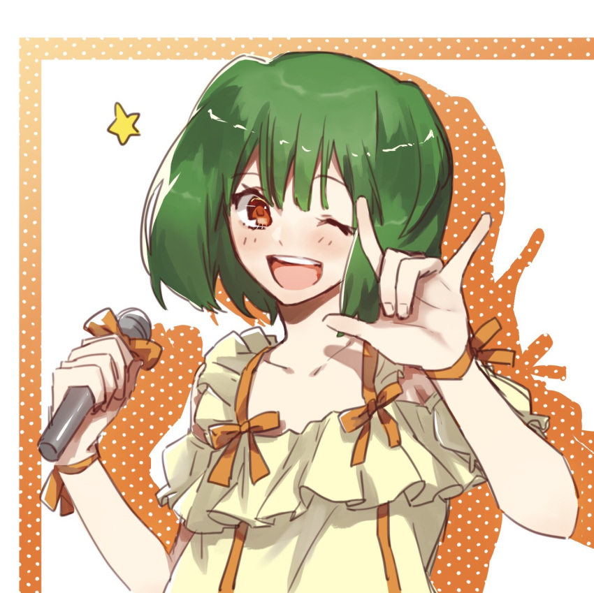 1girl ;d bangs bow brown_eyes collarbone eyebrows_visible_through_hair green_hair hair_between_eyes highres holding holding_microphone looking_at_viewer macross macross_frontier medium_hair microphone one_eye_closed open_mouth orange_background orange_bow orange_ribbon polka_dot polka_dot_background pote-mm ranka_lee ribbon shiny shiny_hair shirt short_sleeves smile solo star_(symbol) upper_body white_background wrist_ribbon yellow_shirt