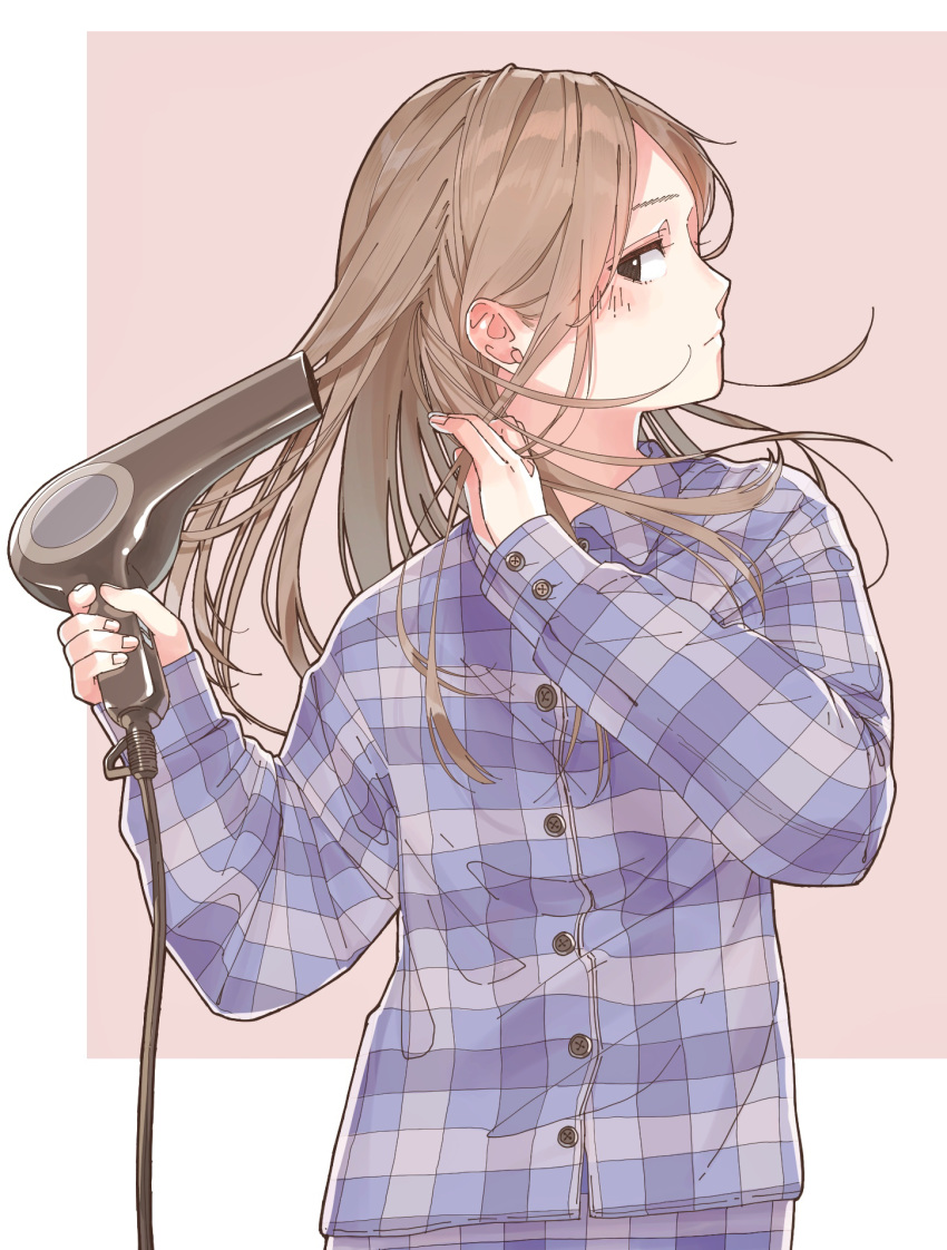 1girl brown_eyes brown_hair checkered drying drying_hair hair_blowing hair_dryer hami_yura hand_in_hair highres long_hair original pajamas profile solo