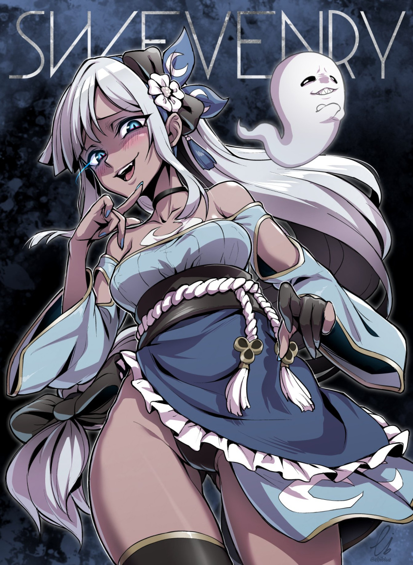 1girl ass_visible_through_thighs bare_shoulders blue_eyes blush choker commission cowboy_shot ebiblue ghost gloves grey_hair hairband highres long_hair looking_at_viewer open_mouth original single_thighhigh skeb_commission solo teeth thigh-highs tongue