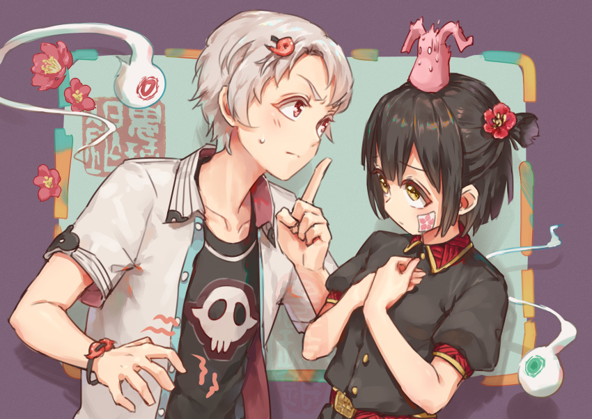 1boy 1girl belt black_hair commentary flower genderswap hair_flower hair_ornament hanako_(jibaku_shounen_hanako-kun) highres hitodama jibaku_shounen_hanako-kun kyouran_de_onikoushi magatama magatama_hair_ornament red_eyes short_hair short_ponytail side_ponytail sweatdrop white_hair yashiro_nene yellow_eyes