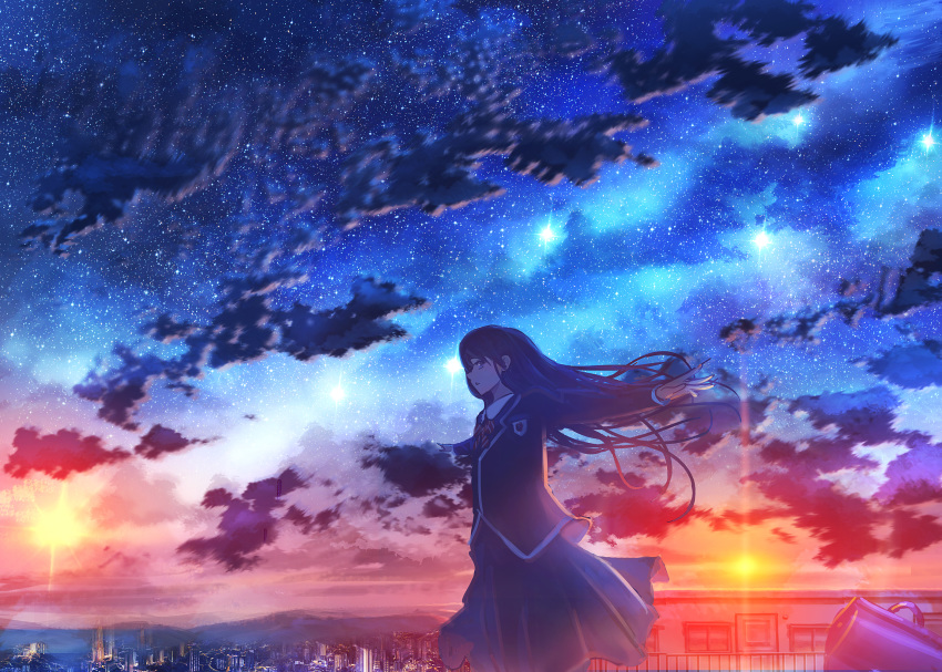 1girl apartment bag black_hair black_jacket black_skirt building city cityscape clouds constellation door evening hair_blowing highres jacket kenzo_093 lens_flare long_sleeves mountain mountainous_horizon original outstretched_arms parted_lips railing red_neckwear scenery school_bag school_uniform shirt skirt sky skyscraper solo star_(sky) starry_sky sun sunset violet_eyes white_shirt window