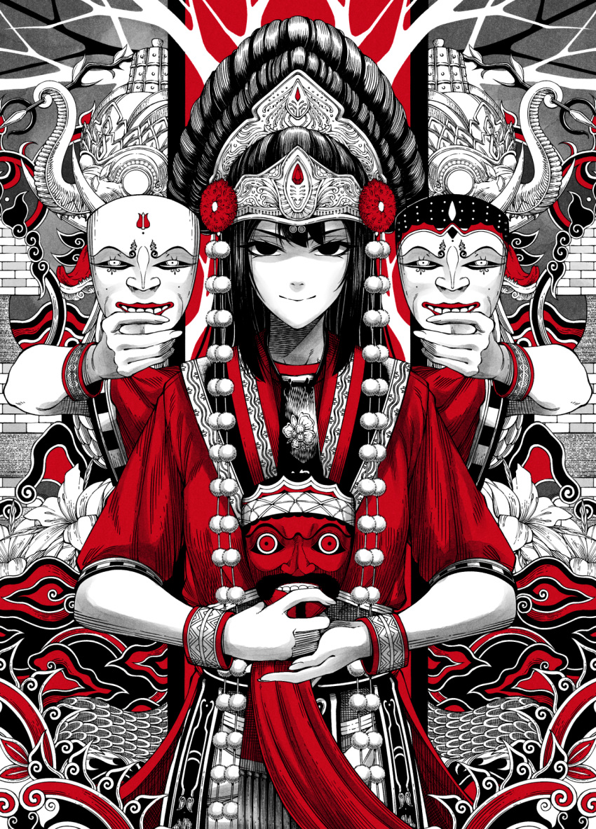 1girl black_hair elephant greyscale headdress highres holding holding_mask indonesian_clothes long_hair looking_at_viewer mask monochrome original pom_pom_(clothes) red_shirt shirt spot_color wristband yugo_(yugotme97)