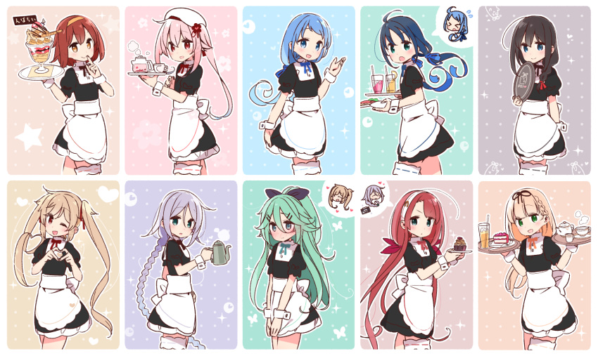 &gt;_&lt; 6+girls ahoge alternate_costume apron asymmetrical_bangs bangs black_dress black_hair black_ribbon black_shirt black_skirt blonde_hair blue_eyes blue_hair blush braid brown_eyes brown_hair commentary_request cowboy_shot cup dessert dress drink flying_sweatdrops food frilled_apron frills green_eyes green_hair hair_between_eyes hair_ornament hair_over_shoulder hair_ribbon hairband hairclip harusame_(kantai_collection) hat heart heart_hands highres holding holding_tray kantai_collection kawakaze_(kantai_collection) light_brown_hair long_hair looking_at_viewer low_twintails mole mole_under_eye multiple_girls murasame_(kantai_collection) neck_ribbon open_mouth parted_bangs pink_hair pitcher pointy_ears polka_dot polka_dot_background ponytail puffy_short_sleeves puffy_sleeves purple_background red_eyes redhead ribbon samidare_(kantai_collection) shigure_(kantai_collection) shiratsuyu_(kantai_collection) shirt short_hair short_sleeves side_ponytail sidelocks silver_hair simple_background single_braid skirt smile sparkle star_(symbol) straight_hair suzukaze_(kantai_collection) teacup teapot the_yuudachi-like_creature thigh-highs thigh_strap tray twintails umikaze_(kantai_collection) very_long_hair waist_apron waitress white_apron white_hairband white_headwear white_legwear wrist_cuffs yamakaze_(kantai_collection) yoru_nai yuudachi_(kantai_collection)