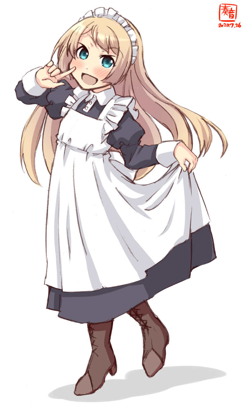1girl alternate_costume apron artist_logo black_dress blonde_hair blue_eyes boots brown_footwear commentary_request cross-laced_footwear dated dress enmaided frilled_apron frills full_body highres index_finger_raised jervis_(kantai_collection) kanon_(kurogane_knights) kantai_collection lace-up_boots long_hair looking_at_viewer maid maid_headdress simple_background skirt_hold solo standing white_apron white_background