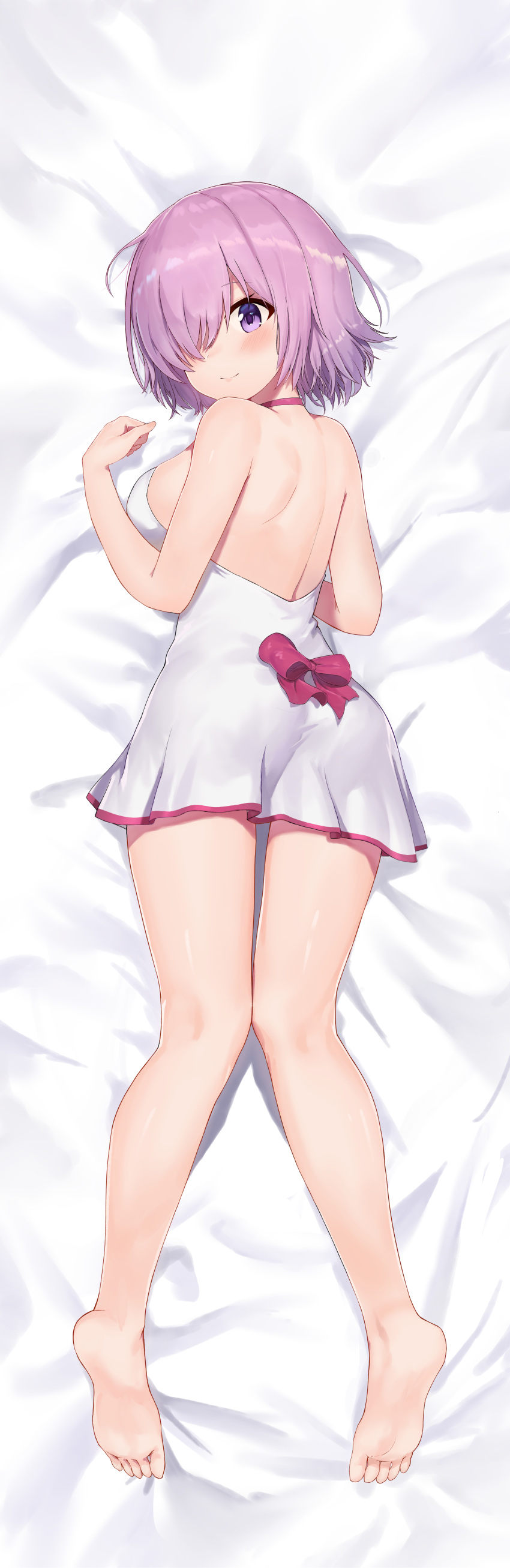 1girl absurdres ass ayul_(ayulneri_92) bangs bare_shoulders barefoot bed_sheet blush bow breasts closed_mouth dakimakura dress eyebrows_visible_through_hair fate/grand_order fate_(series) hair_over_one_eye halter_dress highres kneepits large_breasts legs looking_at_viewer looking_back lying mash_kyrielight official_art on_stomach purple_bow purple_hair short_dress short_hair sideboob smile soles solo violet_eyes white_dress