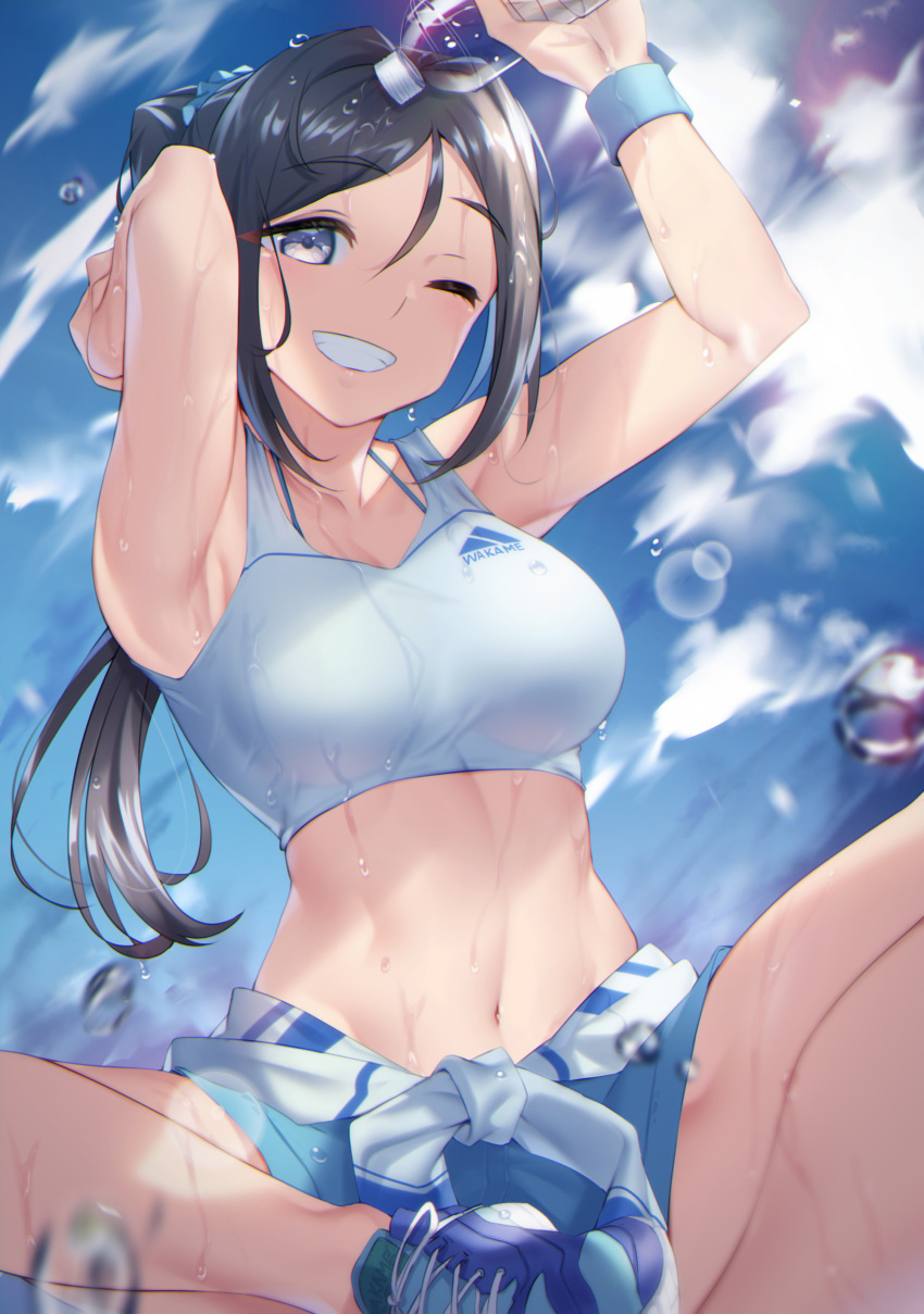 1girl ;d absurdres armpits arms_up bangs bare_legs black_hair blue_footwear blue_skirt blue_sky blush bottle breasts clouds commentary_request day eyebrows_visible_through_hair grin highres holding holding_bottle indian_style large_breasts lens_flare long_hair looking_at_viewer love_live! love_live!_sunshine!! matsuura_kanan miniskirt navel one_eye_closed open_mouth outdoors parted_bangs ponytail shoes sitting skirt sky smile sneakers solo sportswear stomach sweatband teeth violet_eyes water_drop wet yamaori_(yamaorimon)