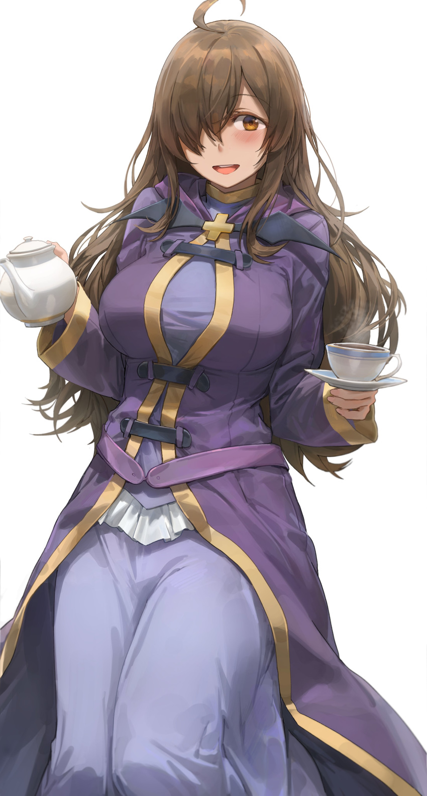 1girl absurdres ahoge bangs blush breasts brown_eyes brown_hair cup dress hair_over_one_eye highres hood hood_down jewelry kono_subarashii_sekai_ni_shukufuku_wo! large_breasts latin_cross long_hair long_sleeves looking_at_viewer open_mouth purple_dress saucer simple_background smile teacup teapot wiz_(konosuba) yohan1754