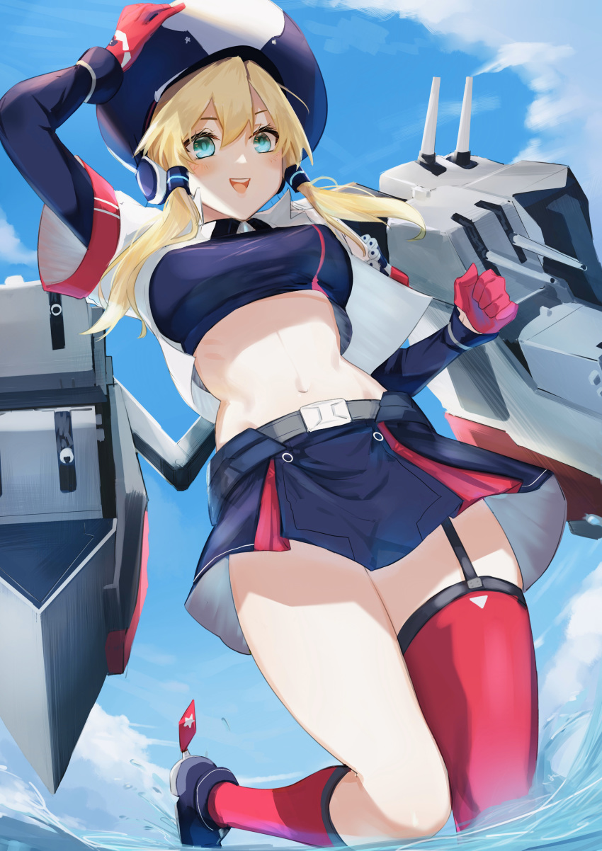 1girl absurdres bangs black_skirt blonde_hair blue_eyes blue_oath blush breasts crop_top cropped_jacket gloves hair_between_eyes hair_tubes hand_on_headwear hat highres jacket jumping kneehighs long_hair looking_at_viewer machinery medium_breasts midriff miniskirt murechika navel oakland_(blue_oath) open_clothes open_jacket open_mouth pleated_skirt red_gloves red_legwear short_hair single_kneehigh single_thighhigh skirt smile solo stomach thigh-highs thighs water white_jacket zettai_ryouiki