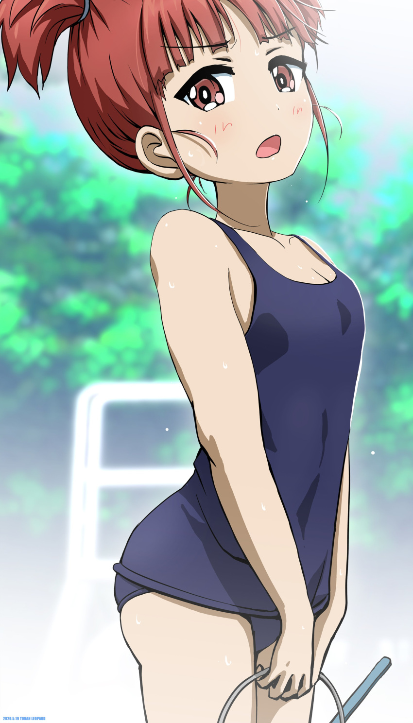 1girl absurdres artist_name bangs blue_sky blue_swimsuit blunt_bangs blurry blurry_background blush breasts commentary covered_navel dated day depth_of_field eyebrows_visible_through_hair frown girls_und_panzer hair_tie highres holding looking_at_viewer mikko_(girls_und_panzer) old_school_swimsuit one-piece_swimsuit open_mouth outdoors red_eyes redhead school_swimsuit short_hair short_twintails sky small_breasts solo standing swimsuit tonan_leopard twintails