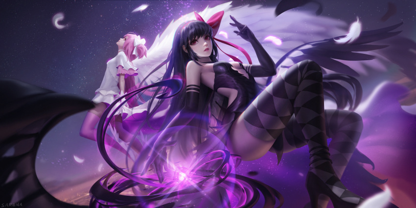 2girls akuma_homura argyle argyle_legwear bare_shoulders black_dress black_gloves black_hair black_wings bow breasts dress elbow_gloves feathered_wings gloves goddess_madoka hair_bow high_heels highres long_hair looking_at_viewer magical_girl mahou_shoujo_madoka_magica mahou_shoujo_madoka_magica_movie multiple_girls pink_hair pink_legwear red_eyes sarena short_hair sky small_breasts soul_gem star_(sky) starry_sky thigh-highs two_side_up white_dress white_gloves wings yellow_eyes