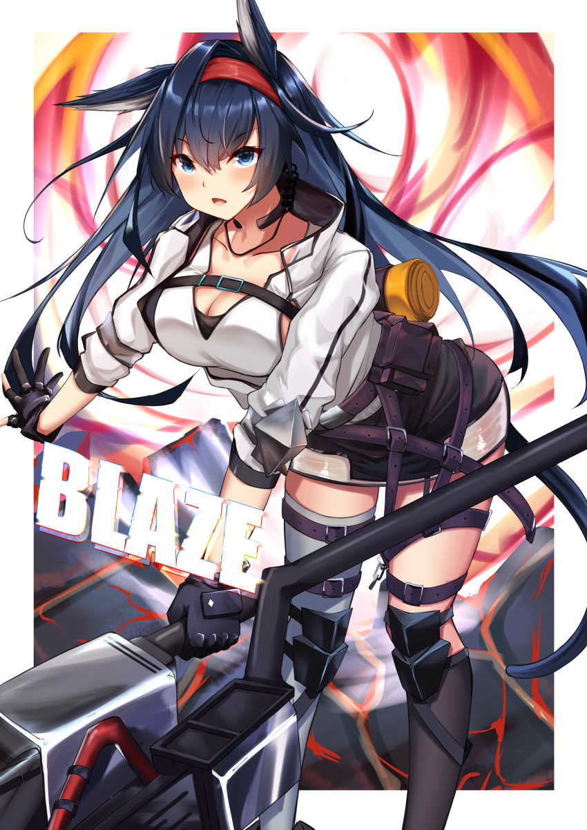 1girl absurdres animal_ears aratake arknights bangs black_gloves black_legwear black_skirt blaze_(arknights) blue_eyes blue_hair cat_ears cat_tail character_name commentary feet_out_of_frame gloves hair_between_eyes hairband highres holding holding_weapon jacket knee_pads kneehighs long_hair long_sleeves looking_at_viewer miniskirt mismatched_legwear open_mouth red_hairband single_thighhigh skirt solo standing tail thigh-highs thigh_strap thighs weapon white_jacket