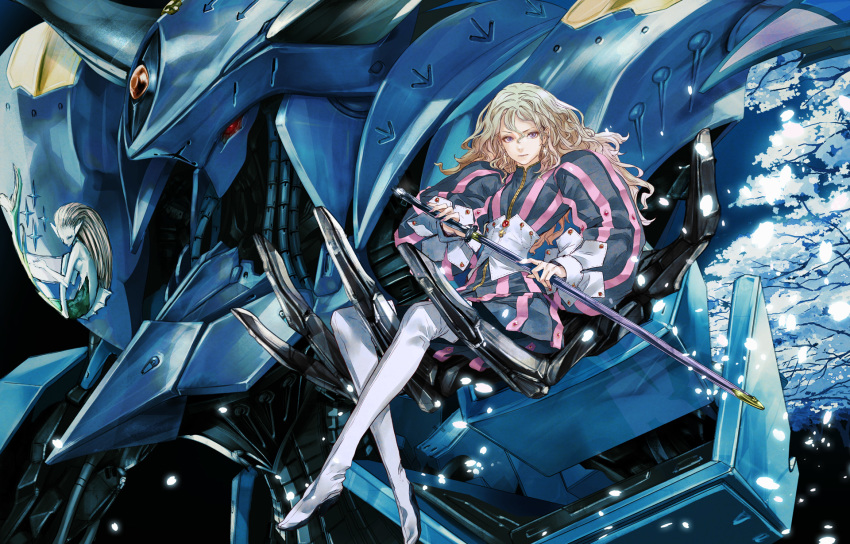 1girl blonde_hair cherry_blossoms christine_v closed_mouth cross cross_earrings earrings fingernails five_star_stories gem glint hair_between_eyes highres holding holding_another holding_sword holding_weapon jewelry long_hair mecha mermaid monster_girl neptune_(five_star_stories) petals pink_nails puffy_sleeves redjuice reflection scabbard sheath sitting striped sword tree twintails violet_eyes weapon white_legwear