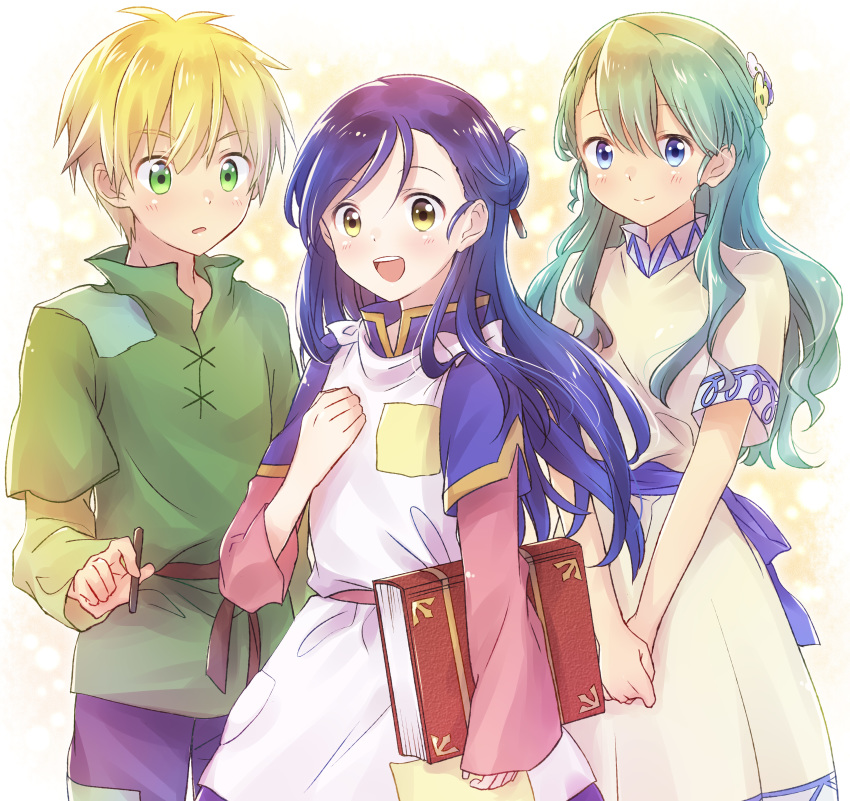 1boy 2girls :d absurdres blonde_hair blue_eyes blue_hair blue_pants blush book dress flower green_eyes green_hair green_shirt hair_flower hair_ornament hair_stick hands_together highres holding holding_book honzuki_no_gekokujou long_hair long_sleeves looking_at_another looking_at_viewer lutz_(honzuki_no_gekokujou) maine_(honzuki_no_gekokujou) multiple_girls nyaa_(nnekoron) open_mouth pants shirt simple_background smile standing tuuli_(honzuki_no_gekokujou) yellow_eyes