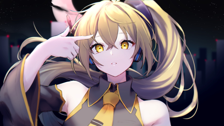 1girl akita_neru bare_shoulders blonde_hair detached_sleeves finger_gun finger_gun_to_head goma0616 grey_shirt grey_sleeves hair_tie hand_up headphones highres looking_at_viewer necktie parted_lips ponytail shirt side_ponytail sleeveless sleeveless_shirt solo upper_body vocaloid yellow_eyes yellow_neckwear