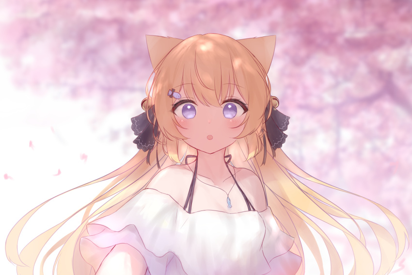 1girl :o animal_ears bare_shoulders bell blonde_hair blurry blurry_background cat_ears collarbone guo582 hair_ornament hair_ribbon hairclip halterneck hanazono_serena hanazono_serena_(channel) highres jewelry jingle_bell long_hair looking_at_viewer necklace off-shoulder_shirt off_shoulder open_mouth ribbon shirt solo tareme upper_body violet_eyes virtual_youtuber white_shirt