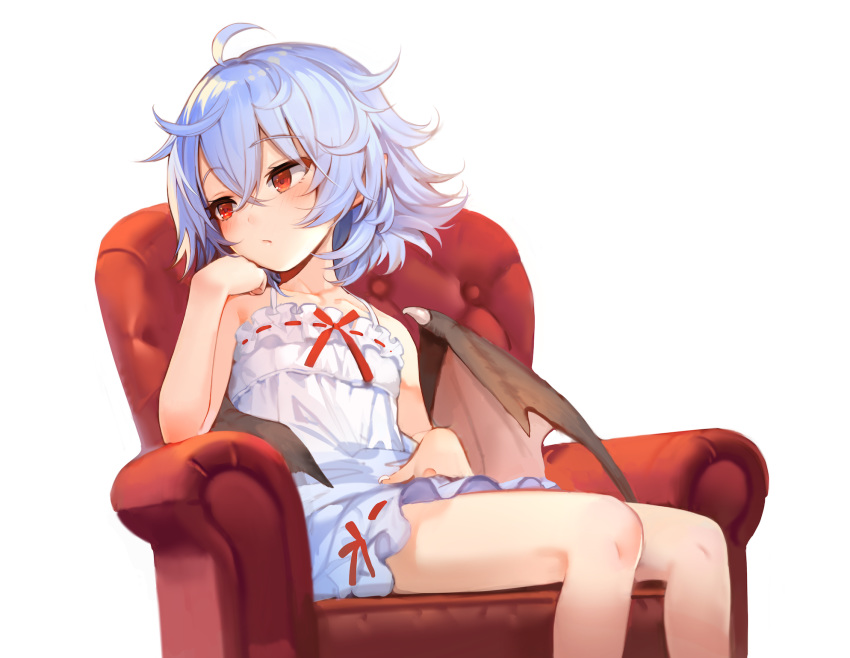 1girl bare_arms bare_shoulders bat_wings blue_hair camisole commentary_request couch eho_(icbm) hair_between_eyes half-closed_eyes highres looking_to_the_side medium_hair messy_hair red_eyes remilia_scarlet simple_background sitting solo touhou white_background wings