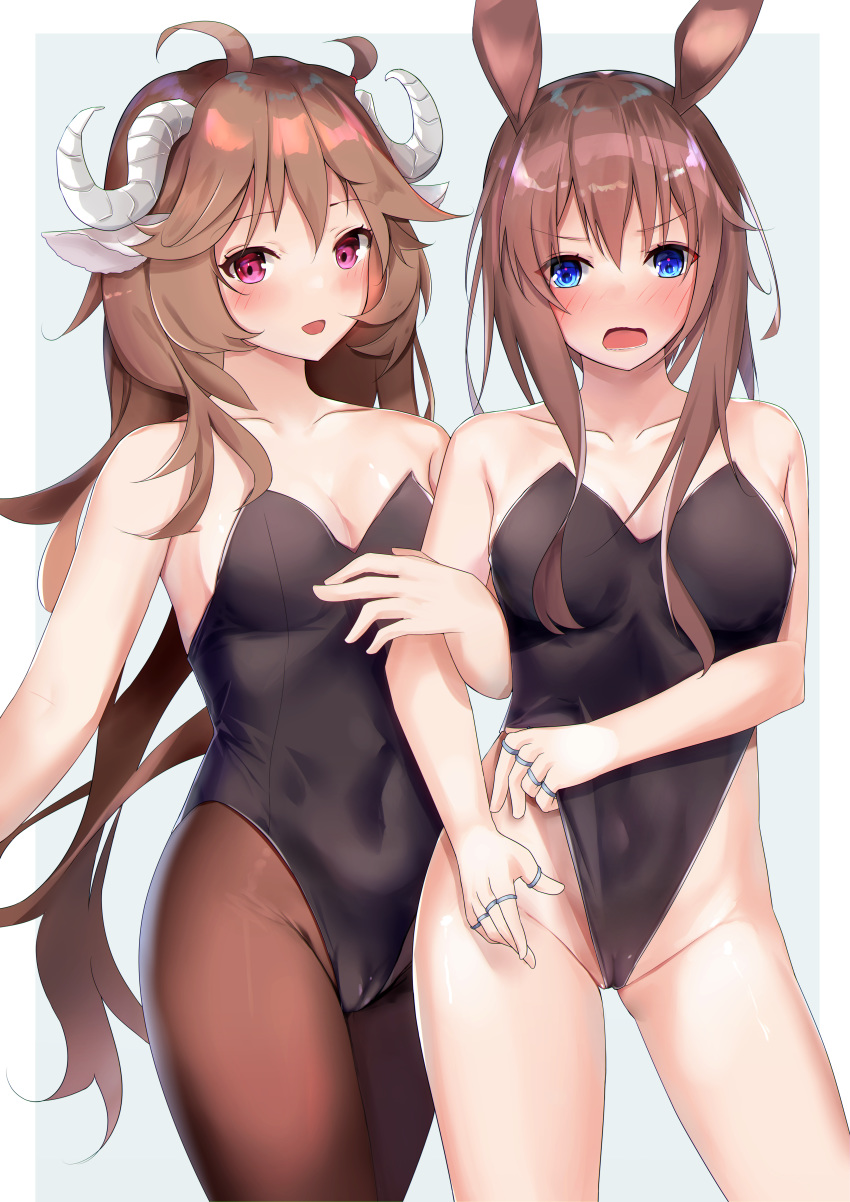 2girls absurdres ahoge amiya_(arknights) animal_ears arknights bangs bare_arms bare_shoulders black_leotard blue_eyes blush border brown_hair brown_legwear bunnysuit collarbone commentary_request covered_navel cowboy_shot eyebrows_visible_through_hair eyjafjalla_(arknights) grey_background groin highres horns huge_filesize kotoha_(kotoha65) leotard long_hair looking_at_viewer multiple_girls open_mouth outside_border pantyhose rabbit_ears sheep_ears sheep_horns simple_background standing strapless strapless_leotard thighs very_long_hair violet_eyes white_border