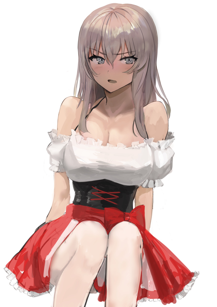 1girl breasts character_request copyright_request corset eyebrows_visible_through_hair german_clothes grey_eyes hair_between_eyes harasu_(harasu888) highres long_hair looking_to_the_side medium_breasts open_mouth red_skirt sitting skirt solo white_background white_hair