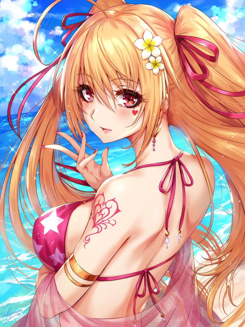 1girl ahoge armlet artist_name bangs bare_shoulders beach bikini blush breasts closed_mouth commentary_request earrings eyebrows_visible_through_hair facial_tattoo flower hair_flower hair_ornament hair_ribbon heart heart_tattoo highres jewelry large_breasts long_hair looking_at_viewer original outdoors pink_bikini pink_lips pink_nails red_eyes ribbon sakiyamama shawl shoulder_tattoo signature solo star_(symbol) star_print swimsuit tattoo twintails very_long_hair