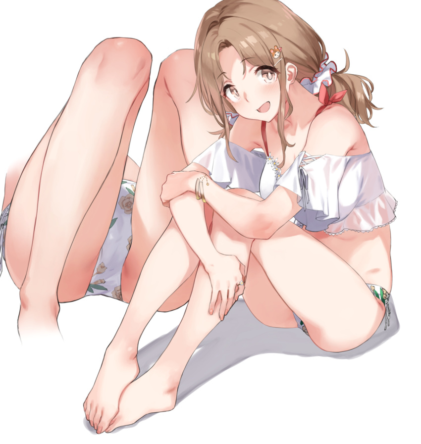 1girl 92m :d bare_legs bare_shoulders barefoot blush brown_eyes brown_hair commentary_request eyebrows_visible_through_hair full_body hair_ornament hair_scrunchie hairclip highres ichikawa_hinana idolmaster idolmaster_shiny_colors leg_hug long_hair looking_at_viewer off_shoulder open_mouth scrunchie simple_background sitting smile solo swimsuit white_background