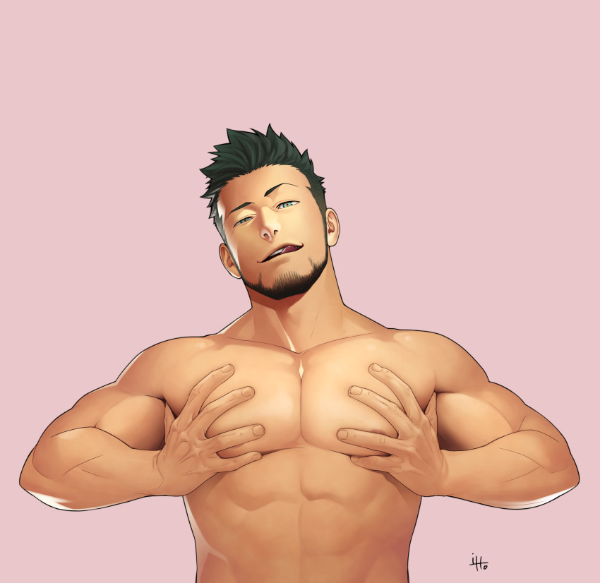 1boy bara beard black_hair chest facial_hair green_eyes gyee highres itto_(mentaiko) male_focus manly muscle nipples no_tattoo pectoral_grab pectoral_press pectorals priapus priapus_(gyee) red_pupils shirtless tongue tongue_out upper_body