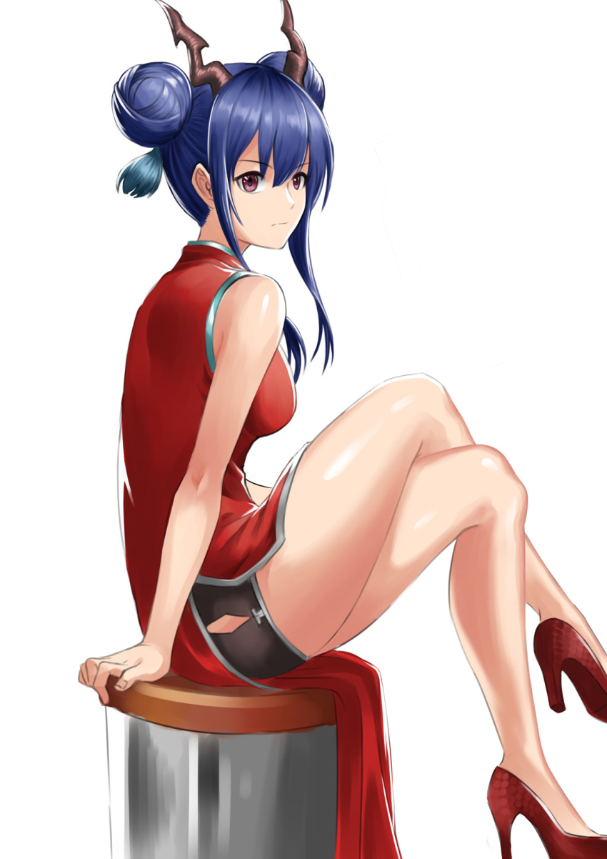 1girl arknights arm_support bangs bare_legs black_shorts blue_hair breasts ch'en_(arknights) china_dress chinese_clothes commentary_request crossed_legs double_bun dragon_horns dress hair_between_eyes high_heels highres horns korean_commentary long_hair looking_at_viewer medium_breasts rankketer red_dress red_footwear shorts sidelocks simple_background sitting sleeveless sleeveless_dress solo thighs violet_eyes white_background