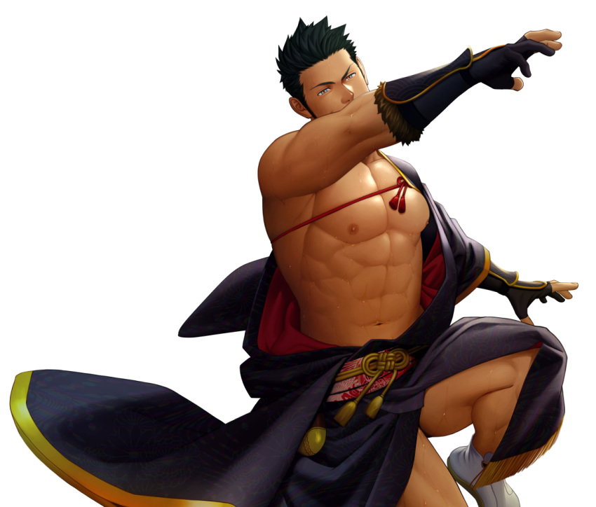 1boy alternate_costume bara beard black_hair chest dynamic_pose facial_hair green_eyes gyee itto_(mentaiko) male_focus manly muscle nipples no_tattoo pectorals priapus priapus_(gyee) red_pupils revealing_clothes shirtless socks thick_thighs thighs upper_body vambraces