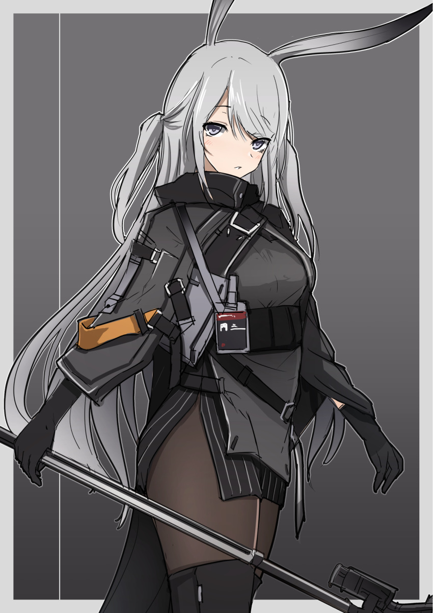 1girl animal_ears arknights bangs black_gloves black_legwear blush boots commentary_request cowboy_shot eyebrows_visible_through_hair gloves grey_eyes haguruma_(hagurumali) highres holding holding_weapon jacket long_hair looking_at_viewer pantyhose rabbit_ears savage_(arknights) silver_hair solo standing thigh-highs thigh_boots weapon