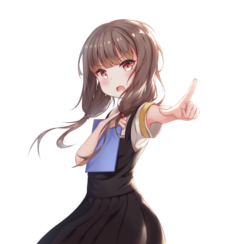1girl angry armband bangs black_dress blush breasts brown_eyes brown_hair commentary_request cowboy_shot dress eyebrows_visible_through_hair foreshortening hair_over_shoulder highres holding holding_notepad iino_miko index_finger_raised kaguya-sama_wa_kokurasetai_~tensai-tachi_no_renai_zunousen~ long_hair long_sleeves looking_at_viewer looking_to_the_side low_twintails object_hug open_mouth outstretched_arm petals pinafore_dress pointing pointing_at_viewer red_ribbon ribbon school_uniform shirt short_sleeves shuuchiin_academy_uniform simple_background solo twintails ushimu v-shaped_eyebrows white_background white_shirt