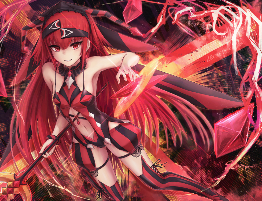 absurdres aka_no_ripika bangs bare_shoulders beatmania beatmania_iidx breasts eicam feet_out_of_frame hair_between_eyes hairband highres holding holding_weapon huge_filesize long_hair looking_at_viewer navel navel_cutout polearm red_eyes red_legwear redhead small_breasts smile spaghetti_strap straight_hair striped striped_legwear teeth thigh-highs twitter_username two-tone_legwear vertical-striped_legwear vertical_stripes very_long_hair weapon