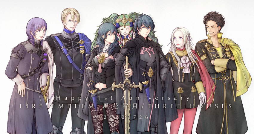 3girls 4boys anniversary armor black_gloves black_shorts blonde_hair blue_cape blue_eyes blue_hair braid brown_hair byleth_(fire_emblem) byleth_eisner_(female) byleth_eisner_(male) cape claude_von_riegan closed_eyes closed_mouth copyright_name crossed_arms dagger dark_skin dark_skinned_male dimitri_alexandre_blaiddyd edelgard_von_hresvelg fire_emblem fire_emblem:_three_houses garreg_mach_monastery_uniform gloves green_eyes green_hair grin hair_ribbon highres long_hair long_sleeves multiple_boys multiple_girls navel_cutout one_eye_closed open_mouth pantyhose pointy_ears purple_hair red_cape red_legwear ribbon ribbon_braid sheath sheathed short_hair short_shorts shorts simple_background single_braid smile sothis_(fire_emblem) sword sword_of_the_creator tiara tohka_sd twin_braids twitter_username uniform violet_eyes weapon white_background white_cape white_gloves white_hair yellow_cape yuri_(fire_emblem)