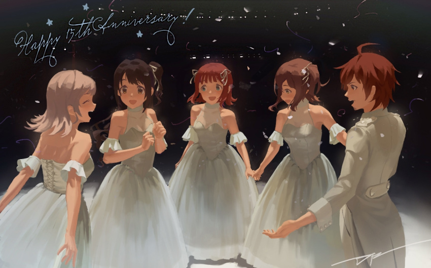 1boy 4girls ahoge amami_haruka anniversary bare_shoulders brown_eyes brown_hair closed_eyes commentary concert da_tengzi dress english_commentary facial_hair facing_another formal from_behind from_side goatee green_eyes hair_ribbon holding_hands idol idolmaster idolmaster_(classic) idolmaster_cinderella_girls idolmaster_million_live! idolmaster_shiny_colors idolmaster_side-m jacket kasuga_mirai light_brown_hair long_sleeves looking_at_another medium_hair multiple_girls one_side_up open_mouth redhead ribbon sakuragi_mano see-through shimamura_uzuki short_hair smile standing suit tendou_teru white_dress white_jacket white_ribbon white_suit