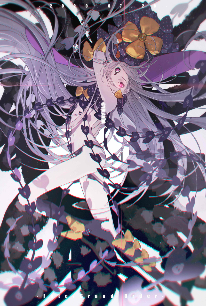 1girl 315732407 abigail_williams_(fate/grand_order) absurdres bangs bare_shoulders black_bow black_headwear black_panties bow breasts fate/grand_order fate_(series) glowing glowing_eye hat hat_bow high_heels highres keyhole long_hair multiple_bows multiple_hat_bows navel orange_bow panties parted_bangs polka_dot polka_dot_bow red_eyes small_breasts tentacles third_eye underwear very_long_hair white_hair white_skin witch_hat