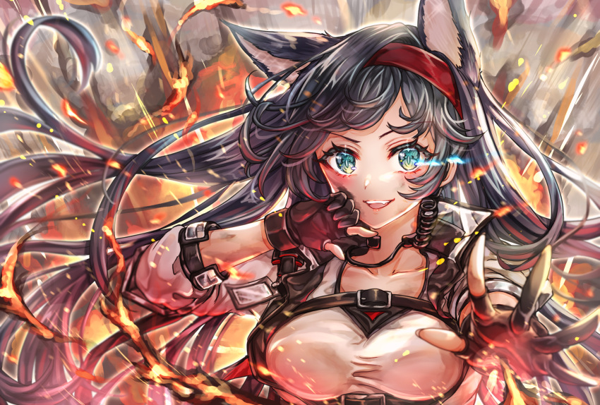 1girl :d animal_ears aqua_eyes arknights bangs black_gloves black_hair blaze_(arknights) cat_ears commentary_request gloves hairband highres jacket long_hair looking_at_viewer open_mouth red_hairband smile solo tamaso upper_body white_jacket