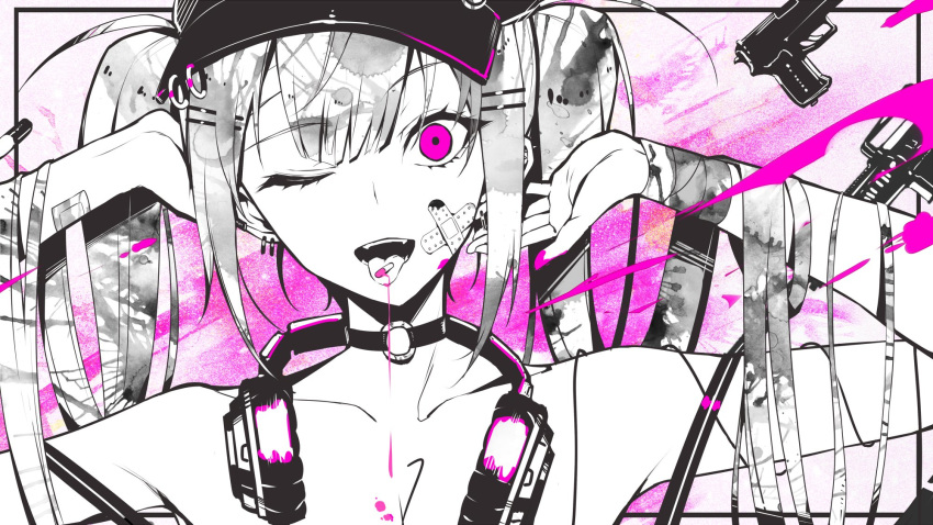 1girl arms_up bandaged_arm bandages bandaid bandaid_on_arm bandaid_on_face bare_shoulders baseball_cap black_headwear border choker collarbone commentary ear_piercing earrings eyebrows_visible_through_hair eyelashes fangs greyscale gun hair_ornament hairclip handgun hat headphones headphones_around_neck highres hololive jewelry kakage long_hair looking_at_viewer monochrome o-ring o-ring_choker one_eye_closed open_mouth piercing pill portrait purple_theme smile solo spot_color tokoyami_towa tongue tongue_out twintails violet_eyes virtual_youtuber weapon