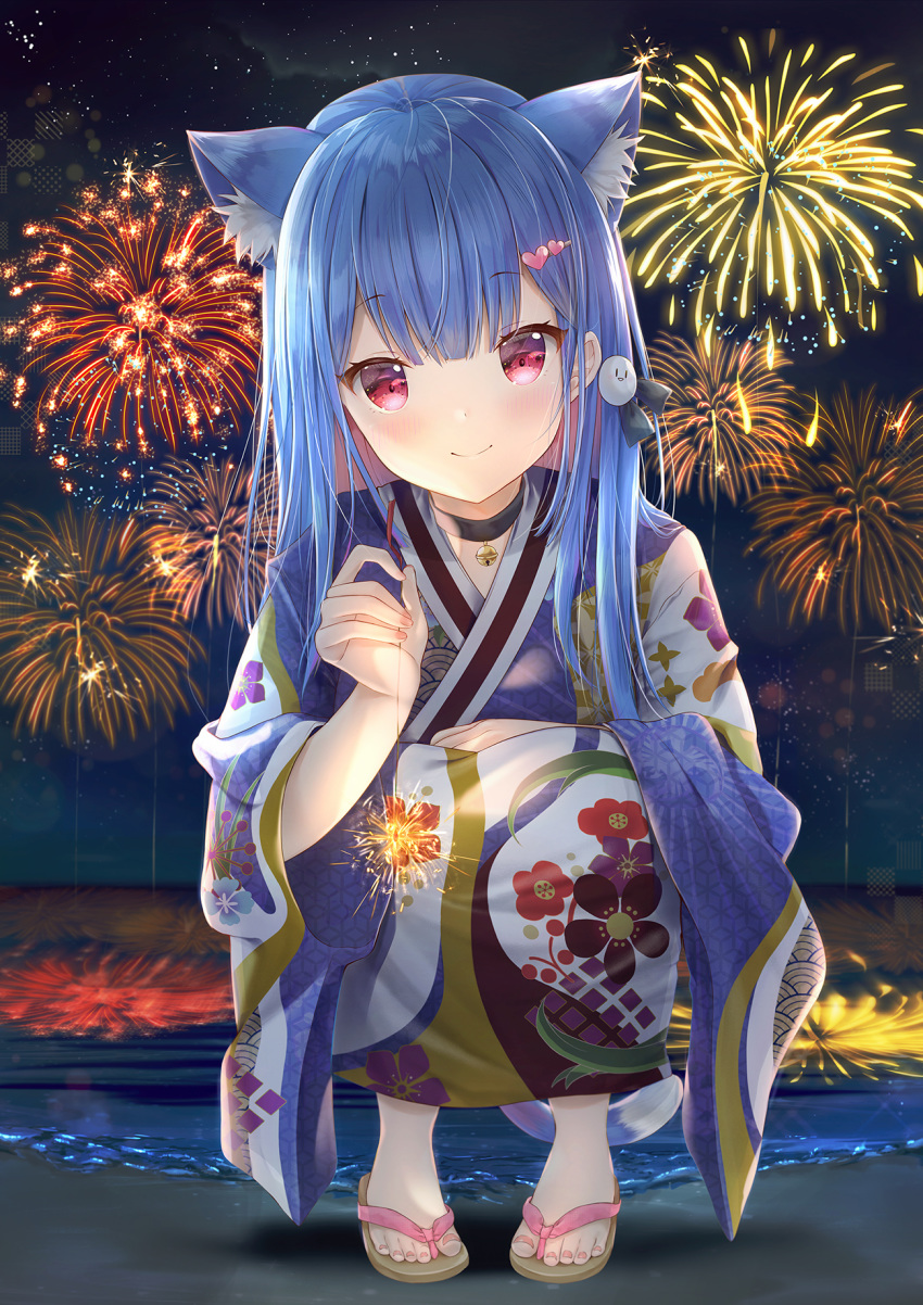 1girl animal_ear_fluff animal_ears bell bell_collar blue_hair cat_ears cat_tail character_request collar commentary_request copyright_request extra_ears eyebrows_visible_through_hair fireworks geta hair_ornament heart heart_hair_ornament highres holding japanese_clothes kimono long_hair long_sleeves looking_at_viewer maruma_(maruma_gic) night ocean pink_eyes reflection smile solo sparkler squatting star_(sky) straight_hair tail virtual_youtuber wide_sleeves