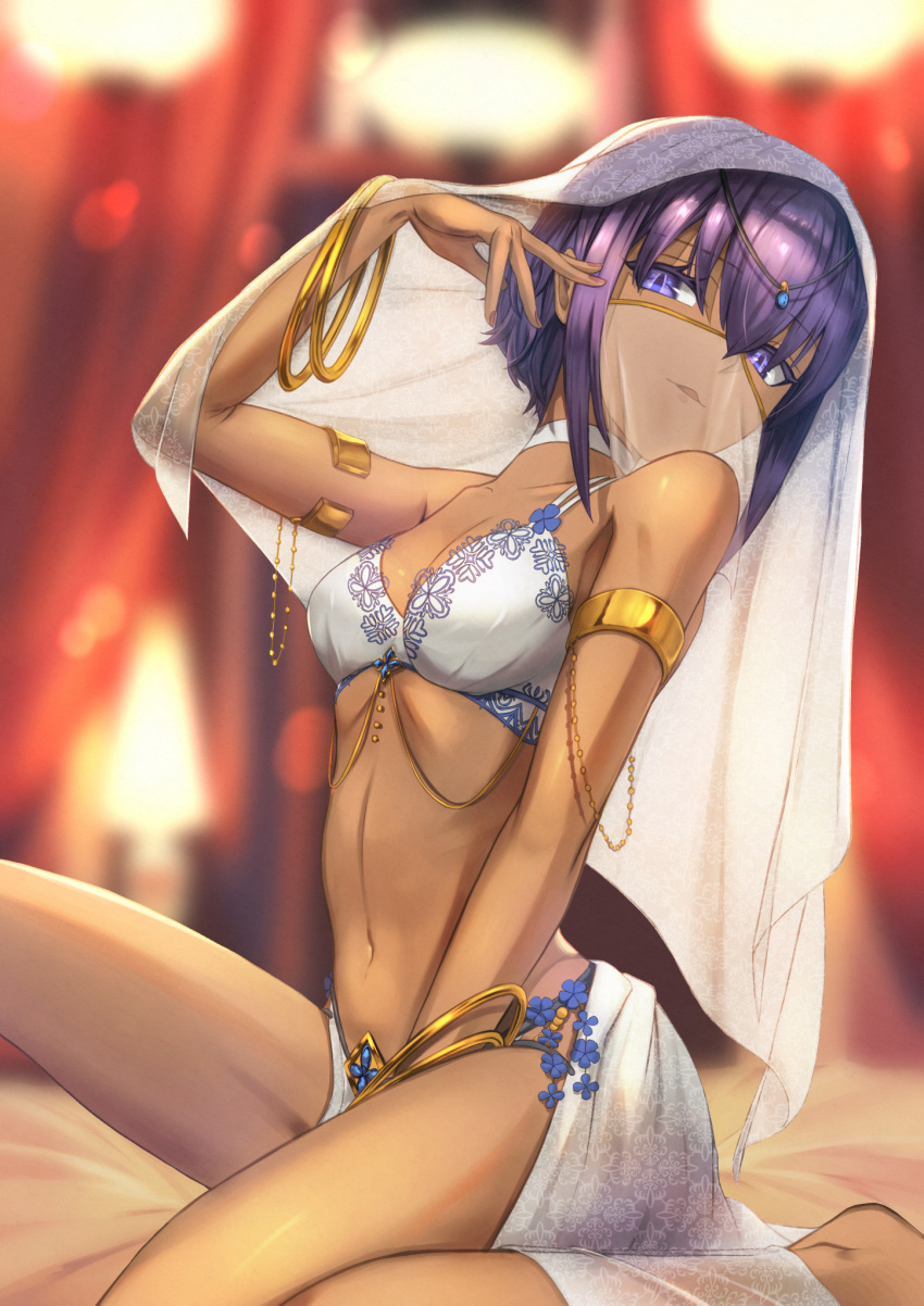 1girl announ_(kurotya) armlet bangle bangs bare_shoulders bracelet breasts choker dark_skin eyebrows_visible_through_hair fate/grand_order fate/prototype fate/prototype:_fragments_of_blue_and_silver fate_(series) hair_between_eyes hassan_of_serenity_(fate) highres jewelry looking_at_viewer navel open_mouth purple_hair short_hair sitting small_breasts smile solo thighs veil violet_eyes