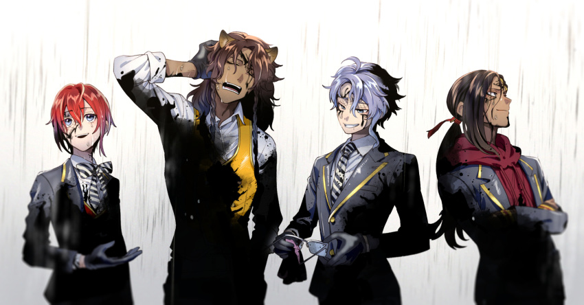 4boys animal_ears azul_ashengrotto bangs black_gloves blue_eyes bow braid brown_hair cleaning_glasses closed_eyes collared_shirt dark_skin dark_skinned_male glasses gloves highres ink jacket jamil_viper leona_kingscholar lion_ears long_hair long_sleeves male_focus mole mole_under_mouth multiple_boys open_mouth overblot parted_lips rain riddle_rosehearts school_uniform shirt silver_hair simple_background smile t_k_g twin_braids twisted_wonderland white_background white_shirt