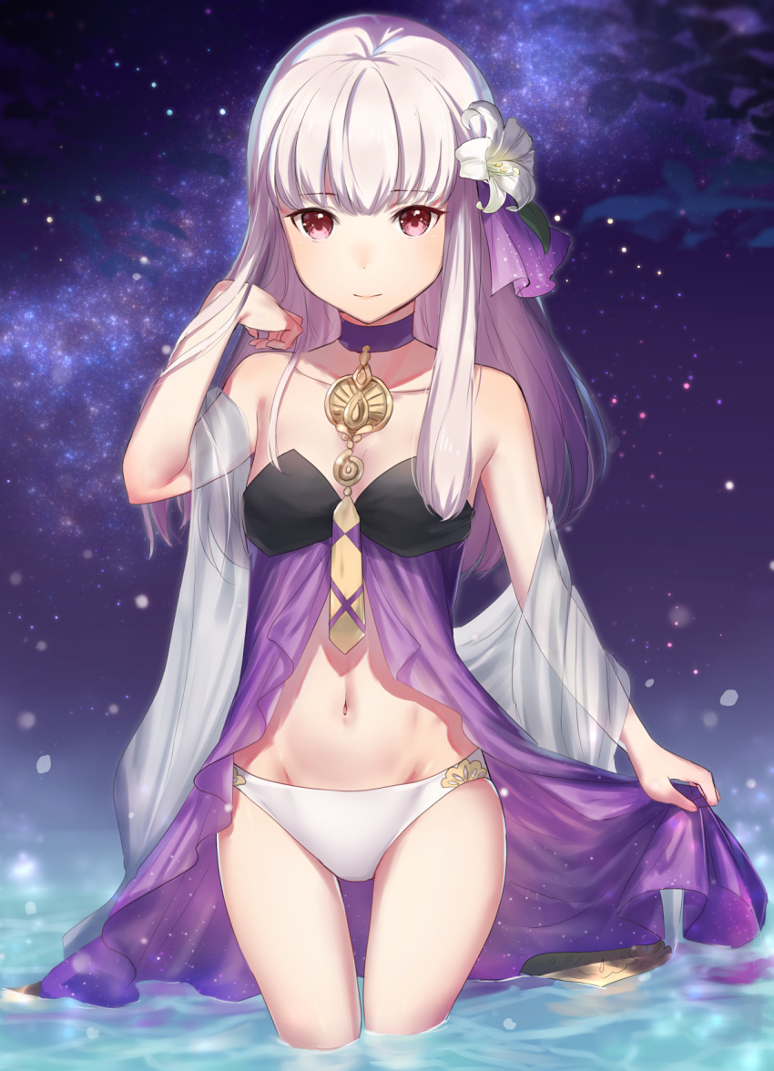 1girl adapted_costume closed_mouth fire_emblem fire_emblem:_three_houses flower hair_flower hair_ornament haru_(nakajou-28) highres long_hair lysithea_von_ordelia night night_sky outdoors pink_eyes sky solo star_(sky) swimsuit wading water white_hair