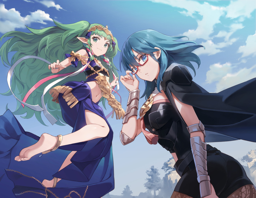 2girls adjusting_eyewear anklet armor armored_dress bare_legs barefoot bespectacled black_cloak black_legwear black_shorts blue_dress blue_eyes blue_hair blue_sky blush breasts byleth_(fire_emblem) byleth_eisner_(female) cloak closed_mouth clouds cloudy_sky commentary cowboy_shot day diadem dress fire_emblem fire_emblem:_three_houses floating full_body glasses green_eyes green_hair hair_between_eyes highres jewelry long_hair looking_at_viewer medium_breasts medium_hair midriff multiple_girls navel outdoors pantyhose parted_lips red-framed_eyewear ribbon semi-rimless_eyewear short_shorts shorts sky smile soles sothis_(fire_emblem) thighs tugo vambraces