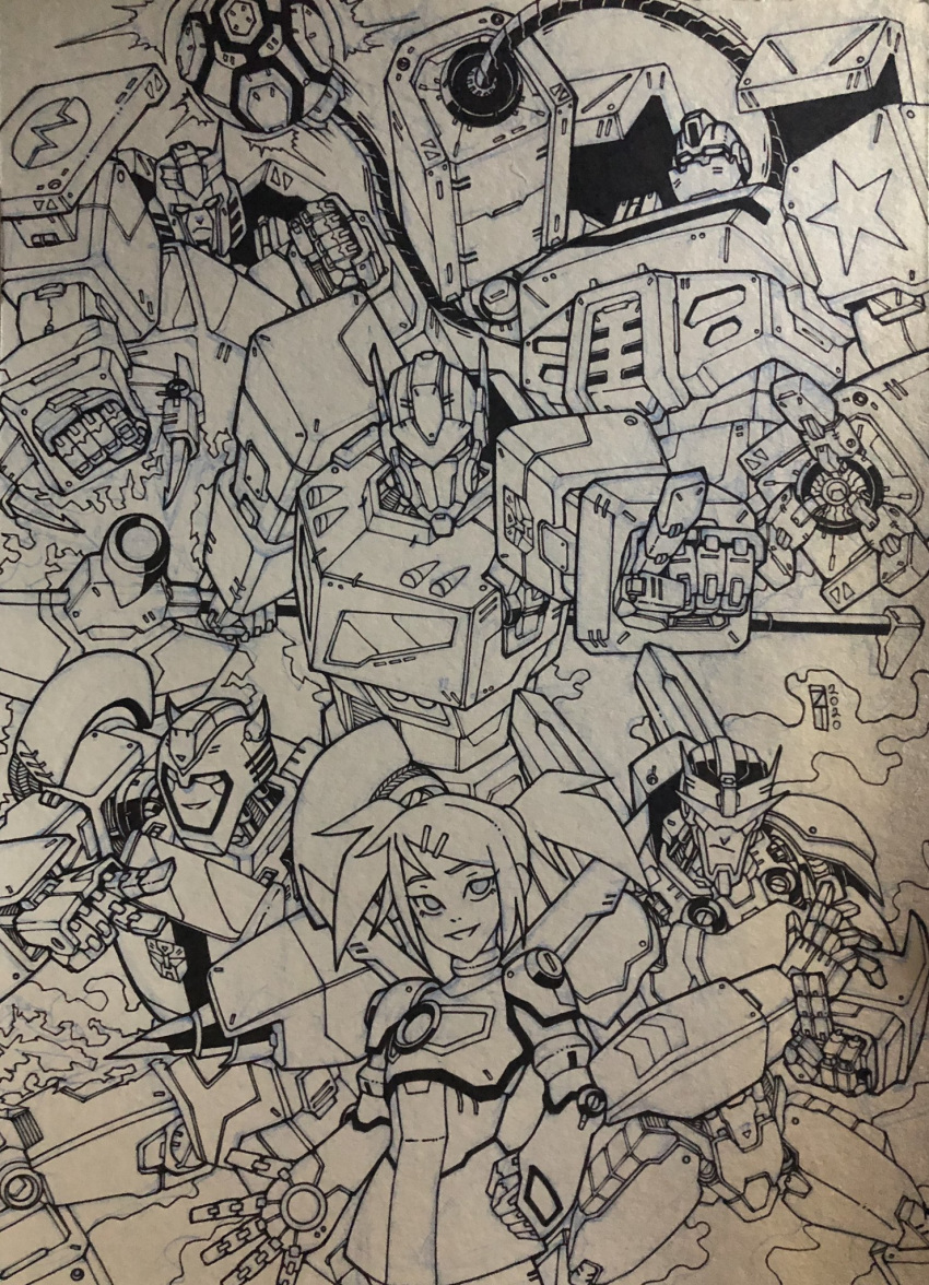 1girl 5boys autobot bulkhead bumblebee clenched_hands drill hand_on_hip highres ink_(medium) lextodrawstuff lineart mecha multiple_boys open_hand optimus_prime pointing prowl ratchet sari_sumdac short_hair traditional_media transformers transformers_animated twintails visor