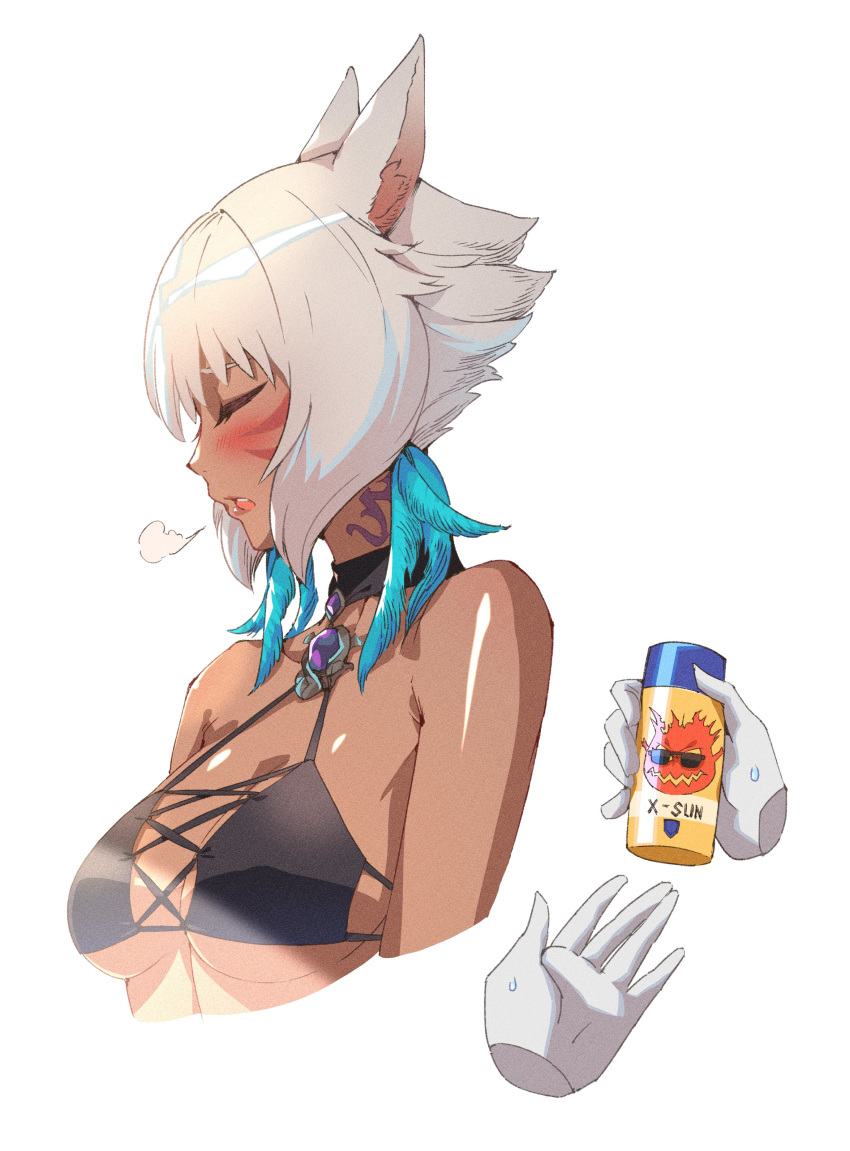 1girl absurdres animal_ears bangs bikini bikini_top blush breasts cat_ears closed_eyes cropped_torso dark_skin disembodied_limb facial_mark final_fantasy final_fantasy_xiv halter_top halterneck highres hjz_(artemi) medium_breasts miqo'te neck_tattoo short_hair sigh solo swimsuit tattoo whisker_markings white_background white_hair y'shtola_rhul