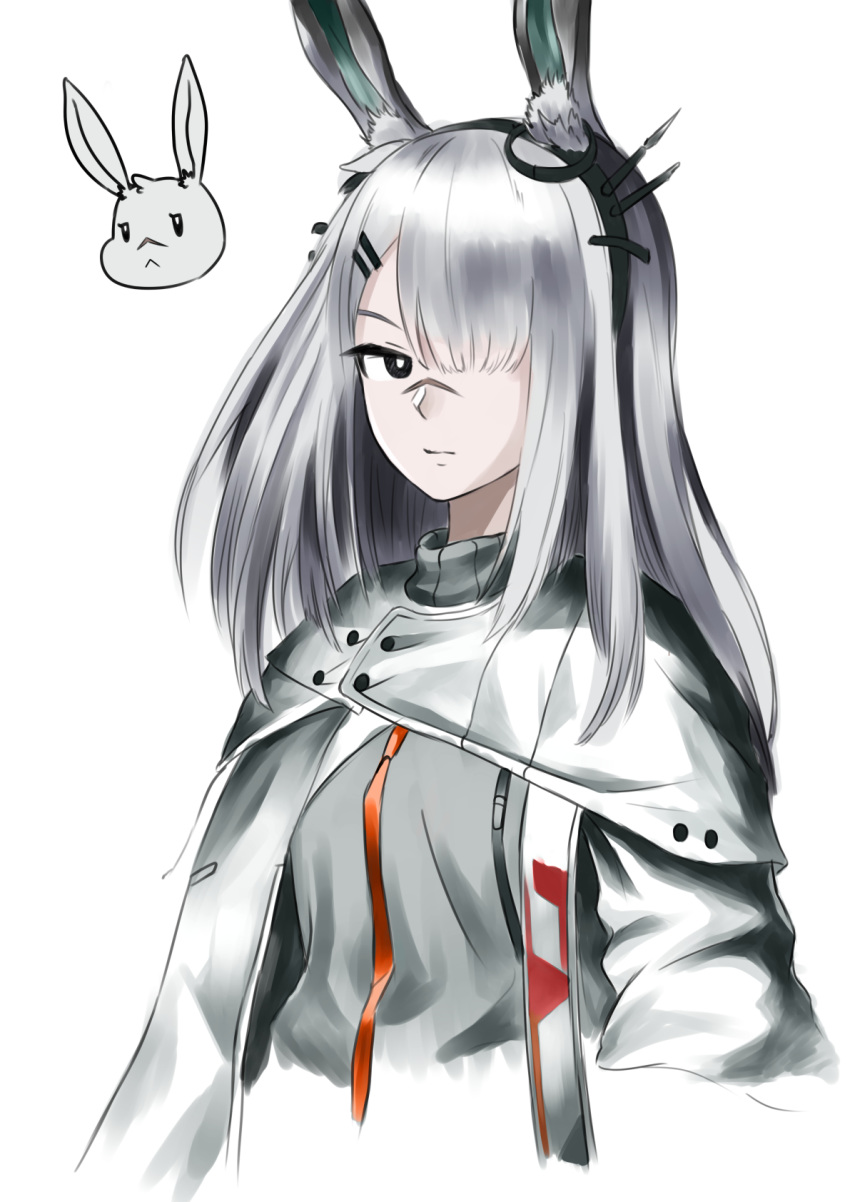 1girl animal_ear_fluff animal_ears arknights bangs black_eyes coat commentary_request cropped_torso dress facial_scar frostnova_(arknights) grey_coat grey_dress hair_ornament hair_over_one_eye hairclip highres korean_commentary long_hair nose_scar rabbit_ears rankketer scar silver_hair simple_background solo upper_body white_background