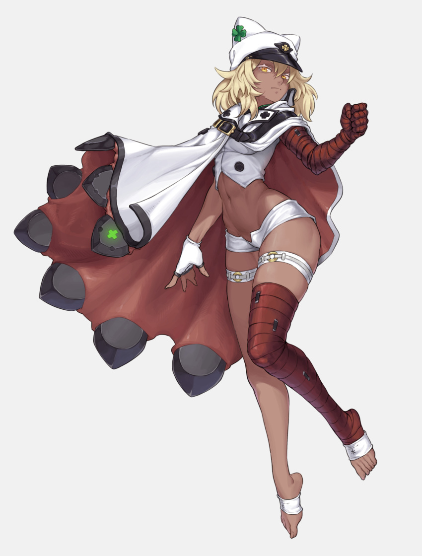 1girl animal_hat bandaged_arm bandaged_leg bandages barefoot breasts cape cheshirrr clenched_hand clover crop_top dark_skin eyelashes fingerless_gloves floating_hair four-leaf_clover full_body gloves grey_background guilty_gear guilty_gear_strive hat highres long_legs medium_hair navel orange_eyes petite platinum_blonde_hair ramlethal_valentine short_shorts shorts single_fingerless_glove small_breasts solo thigh_strap toes toned white_gloves white_hair white_shorts