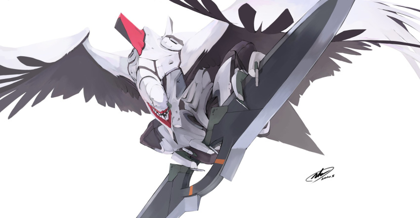 andrew_leung flying highres holding holding_sword holding_weapon looking_down mass_production_eva mecha neon_genesis_evangelion no_eyes no_humans open_mouth solo sword weapon white_background wings
