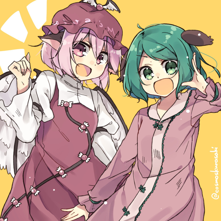 animal_ears brown_dress brown_headwear choujuu_gigaku commentary dress feathered_wings green_eyes green_hair hand_up hat highres kasodani_kyouko kurasaki_cosmos long_sleeves looking_at_viewer mob_cap mystia_lorelei open_mouth pink_dress pink_eyes pink_hair short_hair smile touhou twitter_username upper_body winged_hat wings yellow_background