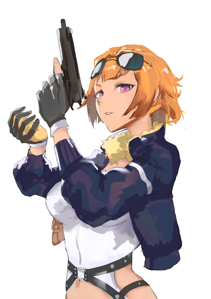 1girl arqa bangs black_gloves breasts eyewear_on_head girls_frontline gloves grizzly_mkv_(girls_frontline) gun handgun highres holding holding_gun holding_weapon jacket looking_at_viewer midriff navel orange_hair partly_fingerless_gloves short_hair simple_background solo sunglasses violet_eyes weapon white_background