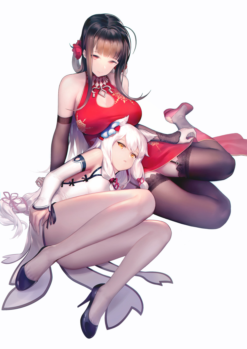 2girls bangs bare_shoulders blunt_bangs breasts brown_hair china_dress chinese_clothes cleavage_cutout detached_sleeves dress dsr-50_(girls_frontline) elbow_gloves garter_straps girls_frontline gloves high_heels highres large_breasts legs long_hair low-tied_long_hair m590_(girls_frontline) multiple_girls red_eyes shou_xian_wu sidelocks sleeveless thigh-highs white_hair yellow_eyes